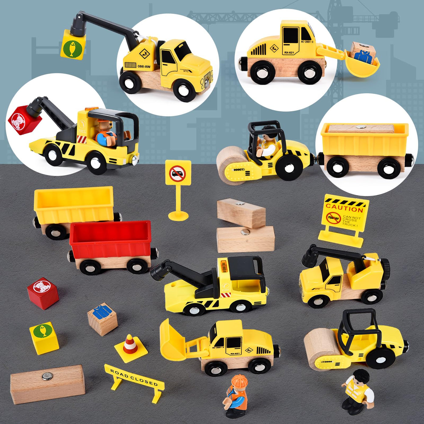 Herenear Baufahrzeuge Kinder Holzspielzeug, Baustelle Kinder, Holz Konstruktions Fahrzeuge Geschenk, Baukästen aus Holz mit Portalkran, Kranwagen, Straßenwalze, Kran, Bagger Spielzeug