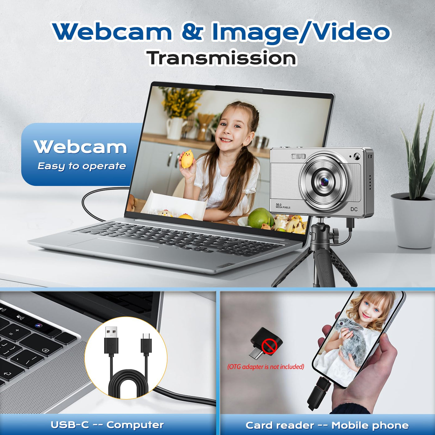 Digitalkamera Kinder Kompaktkamera kinderkamera, 1080P FHD 56MP Fotoapparat Digitalkamera Vintage Mini Fotos für Kinder Teenager Studenten Anfänger, 2 * Batterien, 32 GB (Silber)