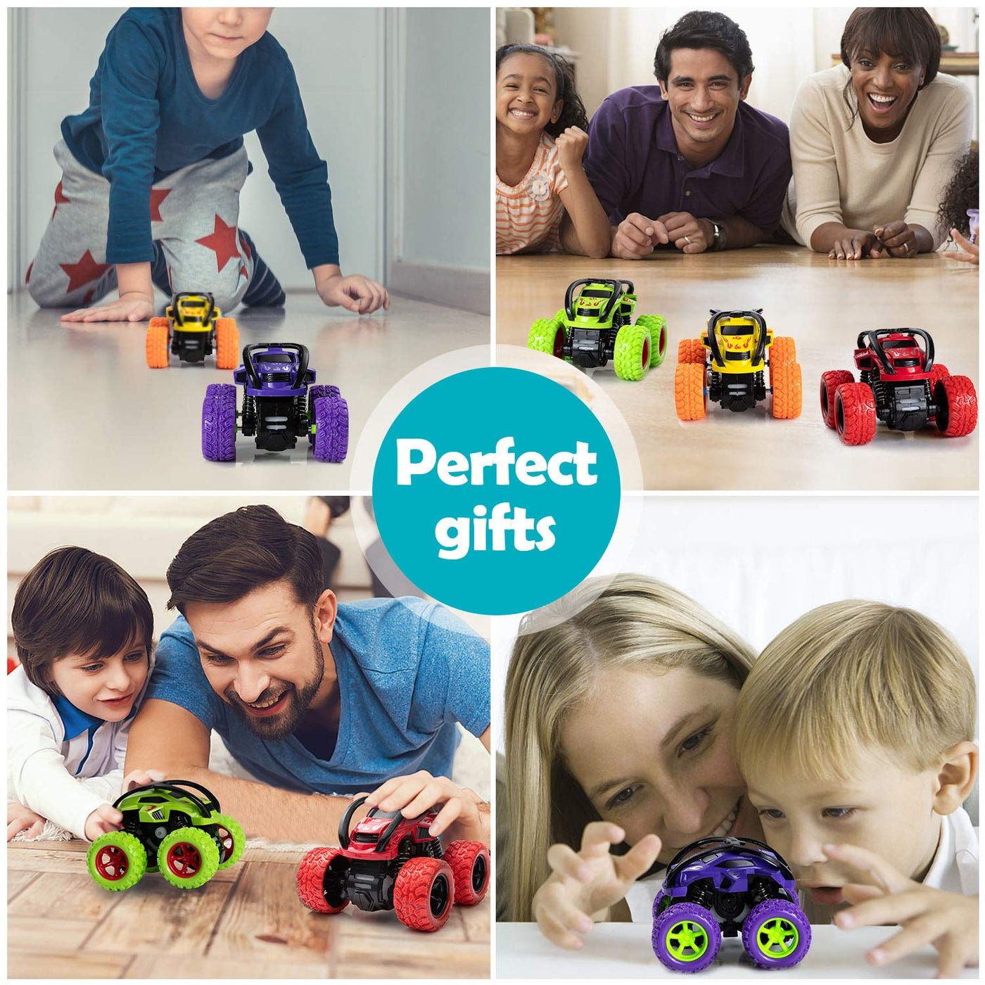 Monster Trucks Spielzeug 4 Stück Reibungsbetriebene Rennwagen LKW Zurückziehen 360 Grad Rotierendes Geländewagen Spielzeugauto für Geschenk 3 4 5 6 7 8 Jahre Jungen Mädchen (A)