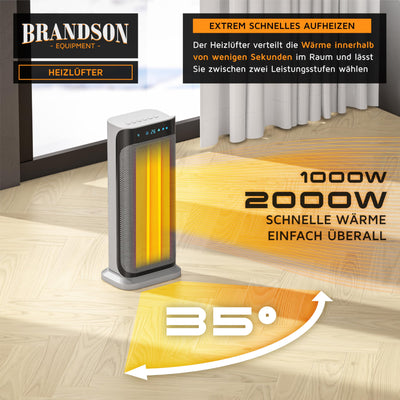 Brandson - Heizlüfter mit Fernbedienung - Preisträger 2025 - energiesparend leise, 2000 Watt Keramik-Heizlüfter Badezimmer - Schnellheizer mit Oszillationsfunktion - Heizung Heater - GS zertifiziert