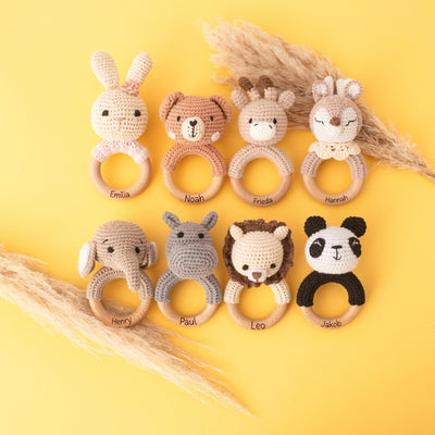 Bärenfreunde® - Personalisierter Beißring Baby - Niedlicher Greifling für Baby's ab 0 Monate - Babyrassel mit Name als Baby Geschenk für Mädchen und Jungen (Elefant,mit Name)