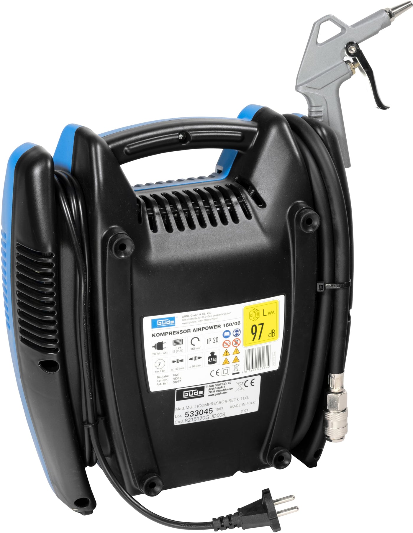 Güde Kompressor Airpower 180/08 (ölfrei & wartungsarm, Riemenantrieb, 8 bar, 1100 W, eff. Liefermenge 140 l/min, 2,5 m Druckluftschlauch mit Schnellkupplung, inkl. Zubehör)