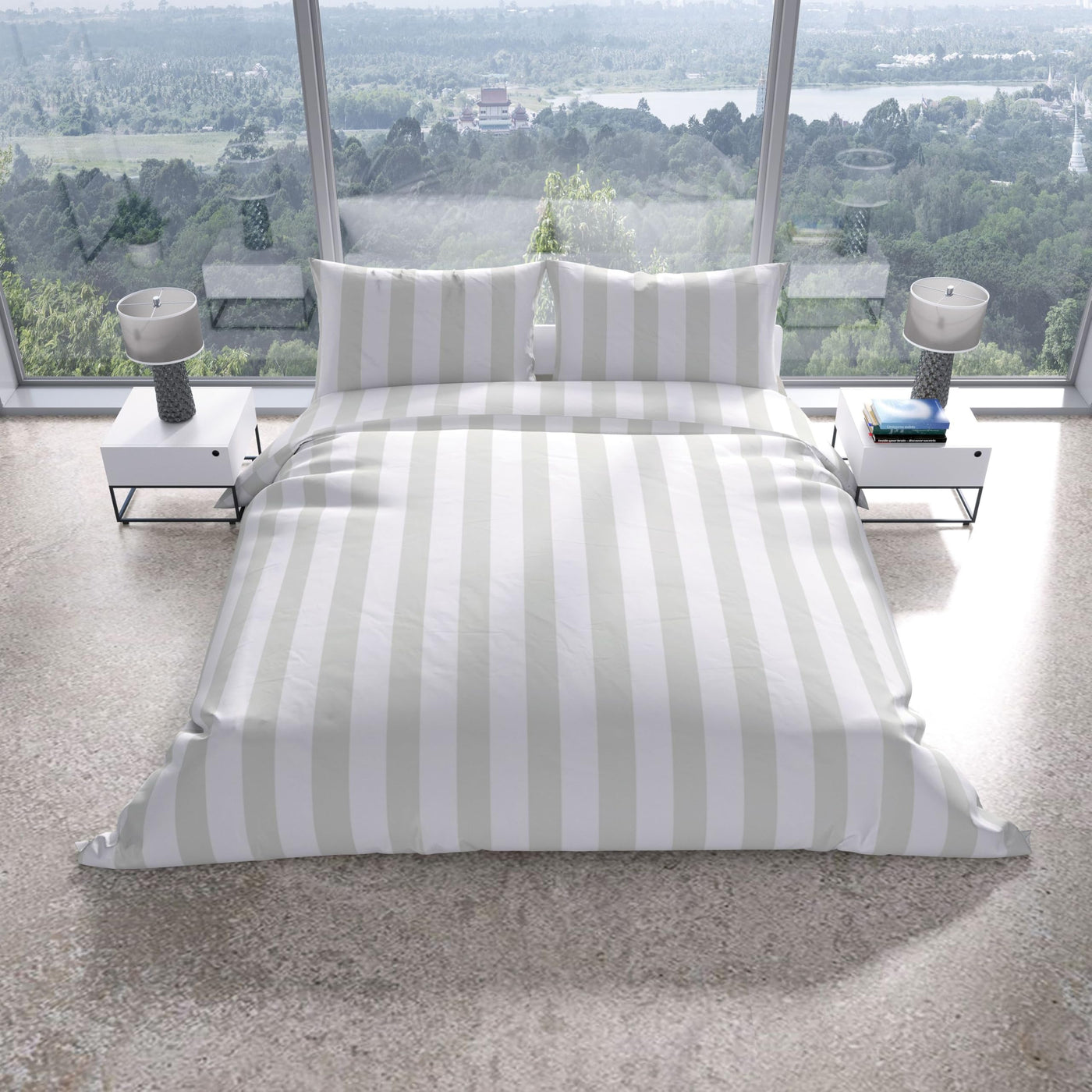Leonado Vicenti Bettwäsche Set 2-teilig 135x200 cm Baumwolle Weiß Grau gestreift Reißverschluss Pflegeleicht Ganzjährig verwendbar
