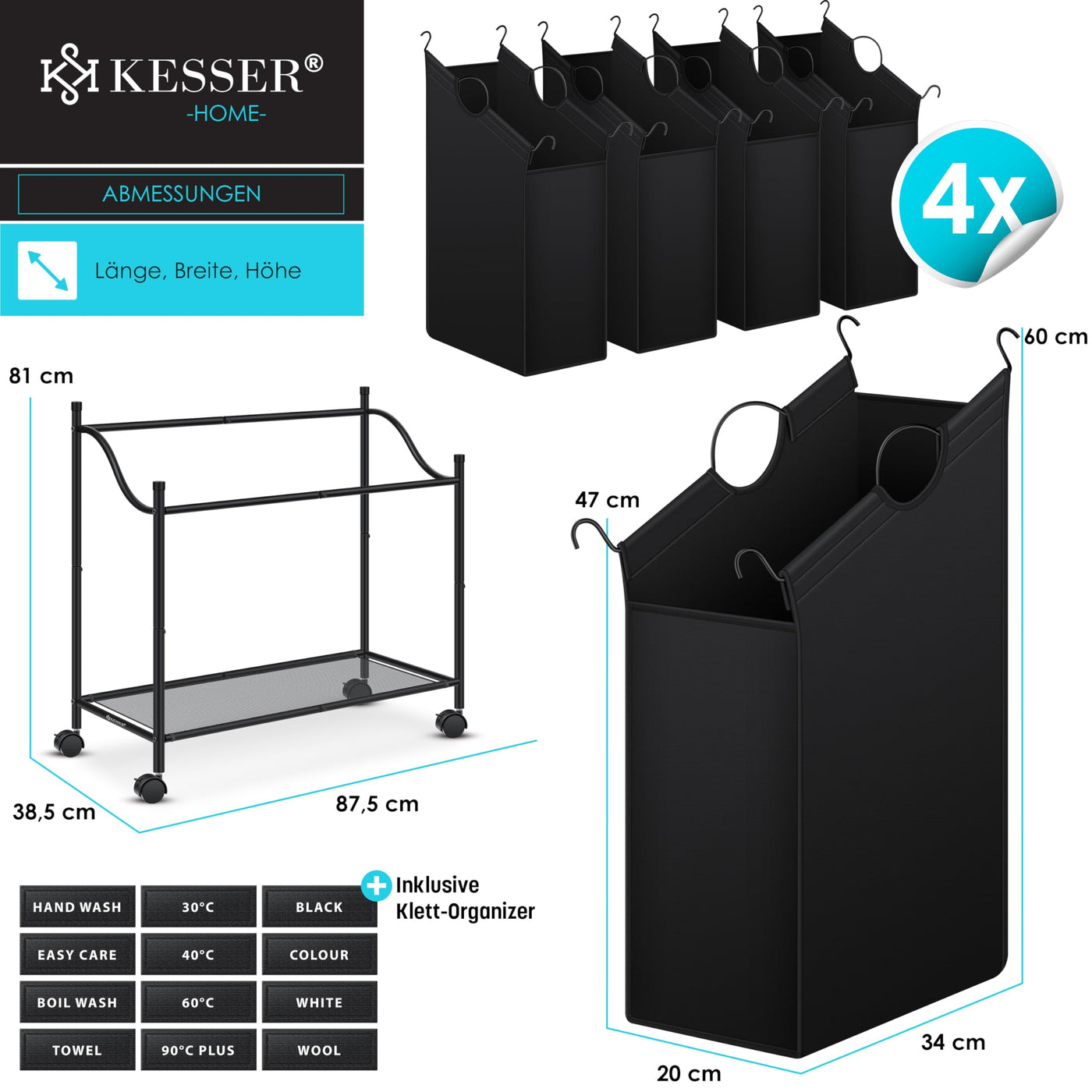 KESSER® Wäschekorb Wäschesammler Wäschesortierer mit 4 abnehmbaren Stofftaschen | 4 Fächer x 35 Liter | Wäschebox mit 12 Waschhinweisen 360° Rollen mit Bremse Wäsche-Sortiersystem Wäschewagen Schwarz