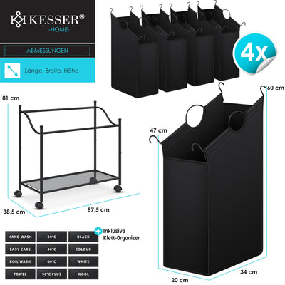 KESSER® Wäschekorb Wäschesammler Wäschesortierer mit 4 abnehmbaren Stofftaschen | 4 Fächer x 35 Liter | Wäschebox mit 12 Waschhinweisen 360° Rollen mit Bremse Wäsche-Sortiersystem Wäschewagen Schwarz