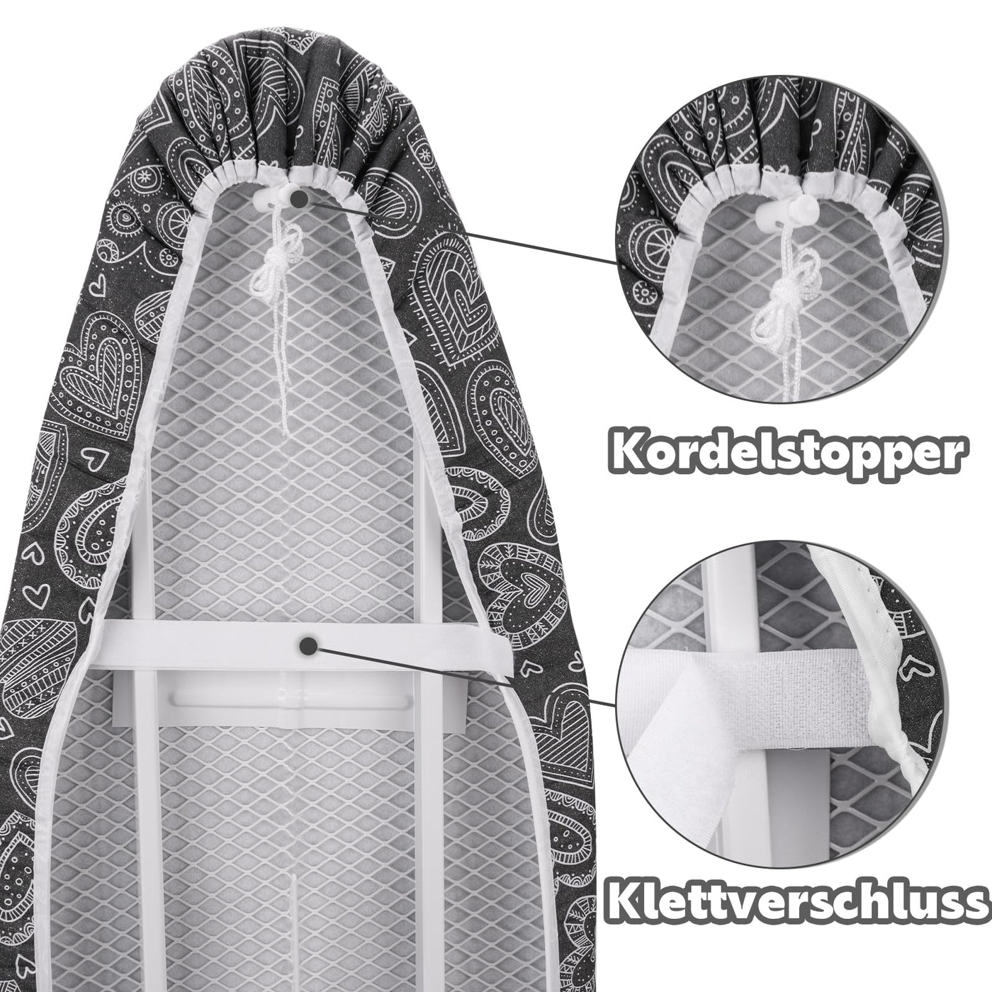Neu Premium-Bügeltischbezug für Schnelles und Einfaches Bügeln, für Dampfbügeleisen, Schwarzes Herz, 30-35cm x 108-115cm (Größe M)