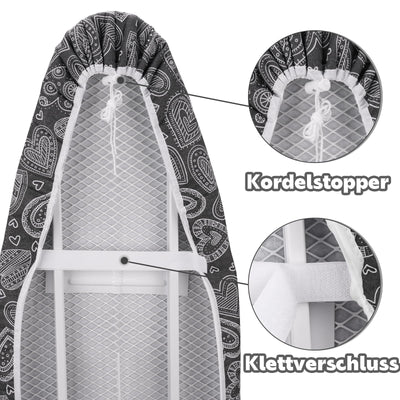 Neu Premium-Bügeltischbezug für Schnelles und Einfaches Bügeln, für Dampfbügeleisen, Schwarzes Herz, 30-35cm x 108-115cm (Größe M)