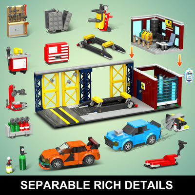 HOGOKIDS 3 IN 1 City Auto Garage Bausteine, 1022 Teiles Technik Autowerkstatt, Waschanlage, Werkstatt mit 2 Autos Bausatz Mechanic Reparatur Baustelle Spielzeug Geschenk für 10+ Jungen Kinder Mädchen