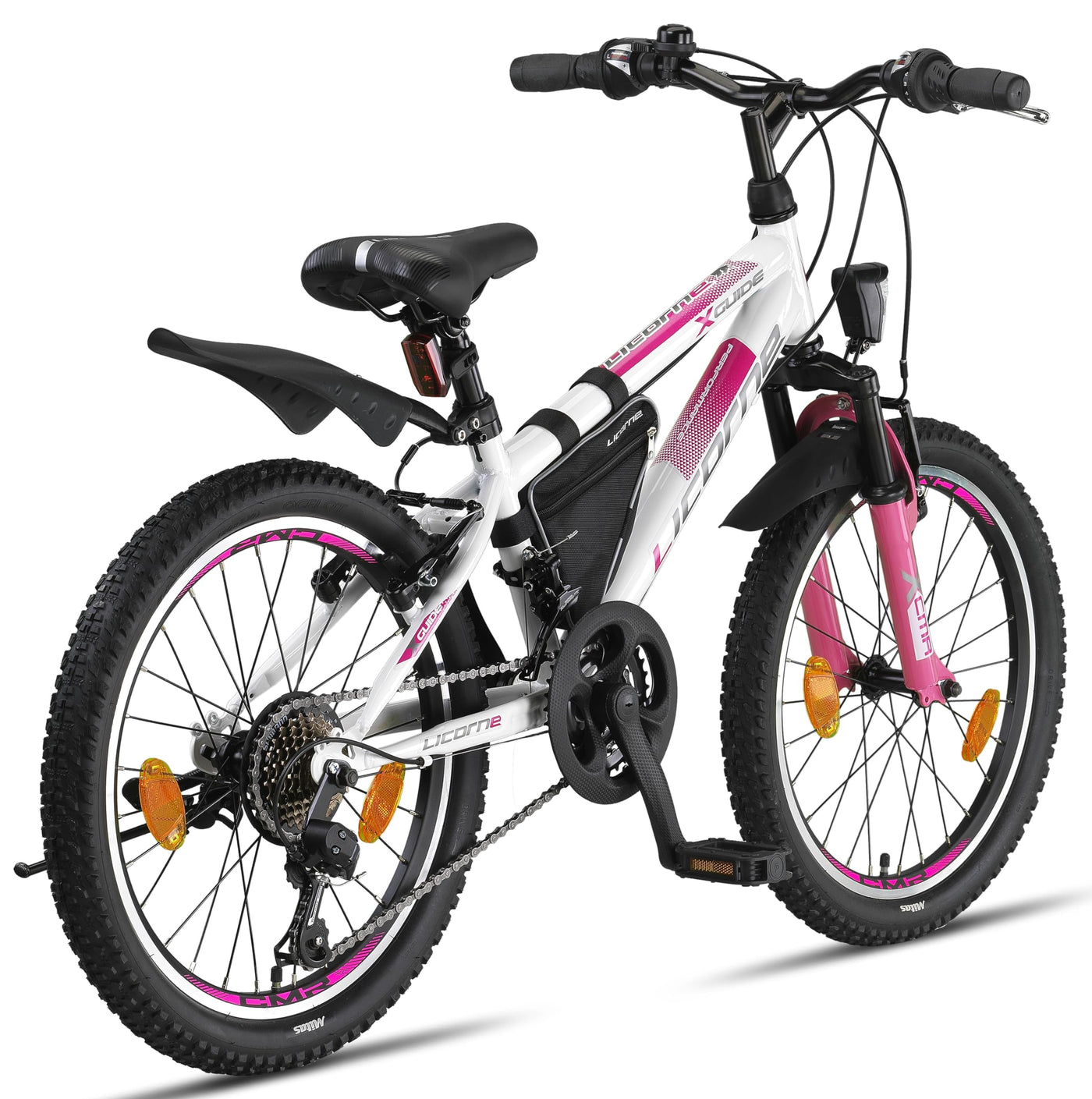 Licorne Bike Guide Premium Mountainbike in 20, 24, 26, 27.5 und 29 Zoll Fahrrad für Mädchen Jungen Herren und Damen (20 Zoll, Weiß/Rosa)