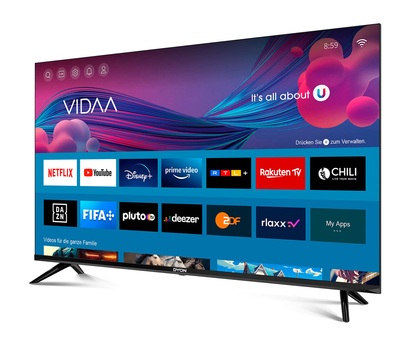 DYON Movie Smart 43 VX 108 cm (43 Zoll) Fernseher (Full-HD Smart TV, HD Triple Tuner (DVB-C/-S2/-T2), App Store, Prime Video, Netflix, YouTube, DAZN, Disney+) [Mod. 2023]