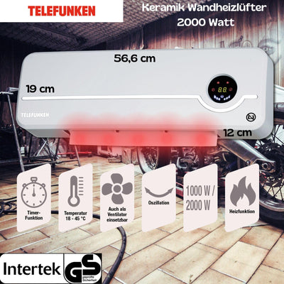 Telefunken TKWH 2000 – Kompakter Keramik-Wandheizlüfter mit Oszillation und intelligenter Temperaturregelung – Die ideale Lösung für effiziente und gleichmäßige Wärmeverteilung an kalten Tagen