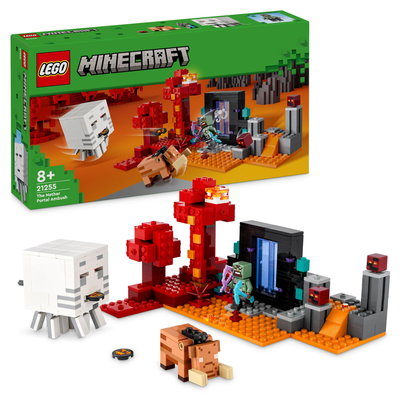 LEGO Minecraft Hinterhalt am Netherportal - Spielzeug mit Orc Krieger Figur, Hoglin und Ghast - Spielset zum Bauen mit 2 Magmawürfeln - Gamer Geschenk für Jungen & Mädchen ab 8 Jahren - 21255
