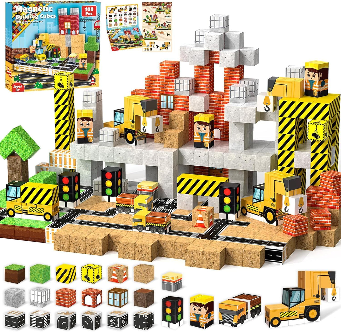 Annexfun Magnetische Bausteine Magnetische Bauwelt Straßenaufsatz Set Stadt mit Baufahrzeuge Magnetic Building Blocks Bagger Spielzeug ab 6 Jahren Baustellenfahrzeuge Kinder konstruktionsspielzeug