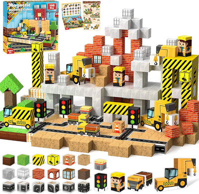 Annexfun Magnetische Bausteine Magnetische Bauwelt Straßenaufsatz Set Stadt mit Baufahrzeuge Magnetic Building Blocks Bagger Spielzeug ab 6 Jahren Baustellenfahrzeuge Kinder konstruktionsspielzeug