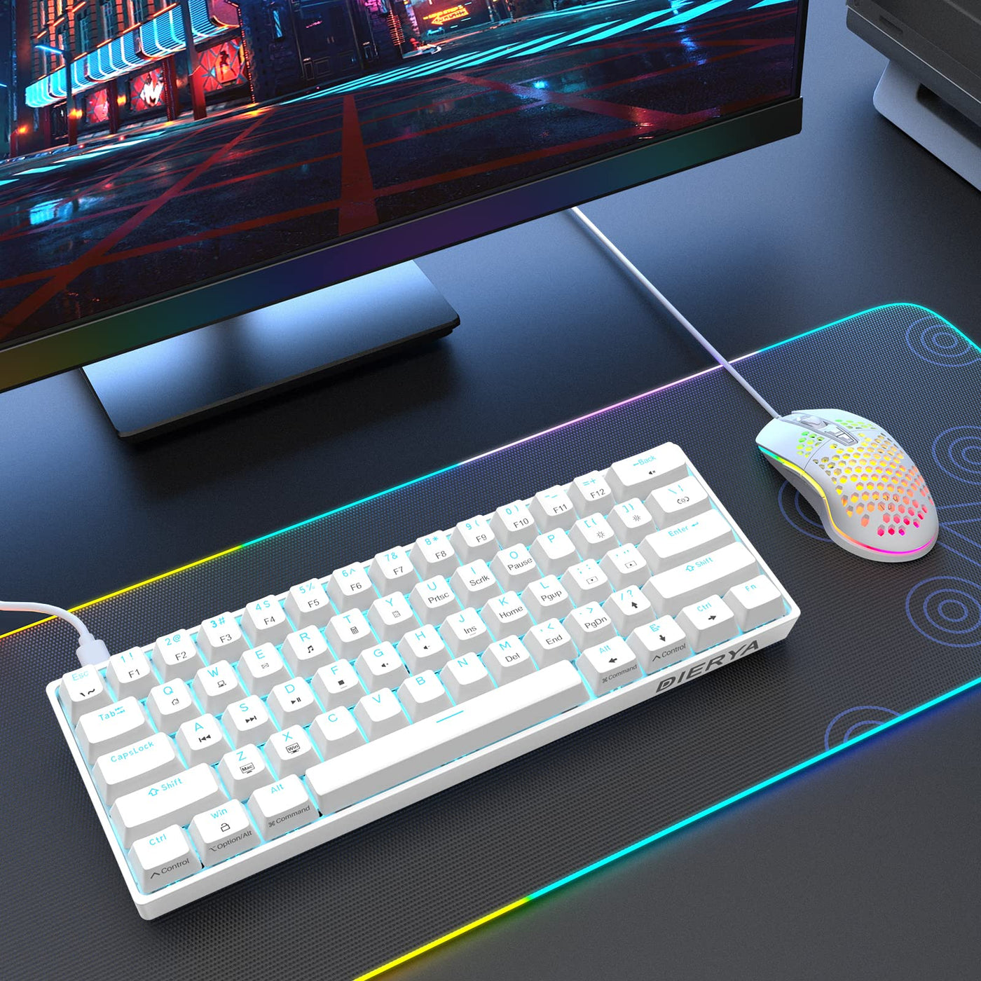 Dierya DK61se Gaming Tastatur,60% Prozent Mechanische Tastatur mit Red Linear Switch,Ultra-Compact Mini 61 Tasten Anti-Ghosting,Typ-C-Datenkabel,US Layout für PC Windows Gamer Typist,Weiß