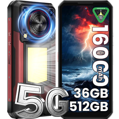 OUKITEL WP56 Outdoor Handy 5G - 36(12 + 24) GB RAM + 512GB/2TB ROM, 16000mAh, 108MP, 128DB Lautsprecher, Baustellen Handy Ohne Vertrag mit 1000 Lumen Campinglicht, 6.8" FHD+ 90Hz, NFC - Rot