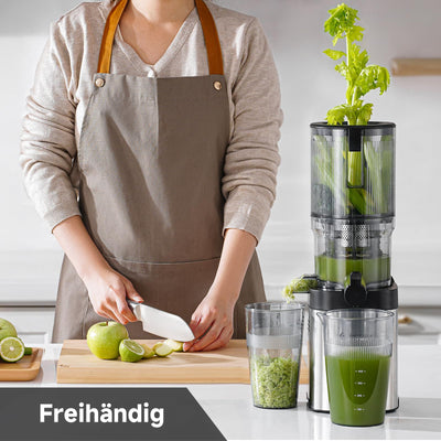 AMZCHEF Entsafter - Slow Juicer mit 135MM Breite und Größere Fütterungsröhre für Ganze Gemüse und Obst - Leicht zu Reinigender Entsafter mit 2 Gläsern - Silber