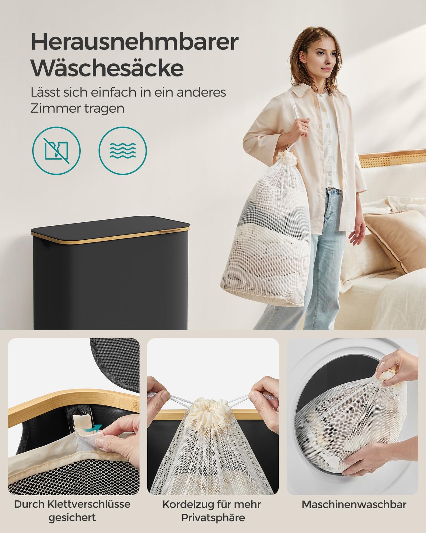 SONGMICS Pfandflaschen Sammelbehälter，Wäschekorb mit Deckel, Wäschesammler mit 3 Fächern, 150 L, herausnehmbarer Wäschesack, Griffe aus Bambus, 60 x 38,5 x 70,5 cm, tintenschwarz LCB515B01