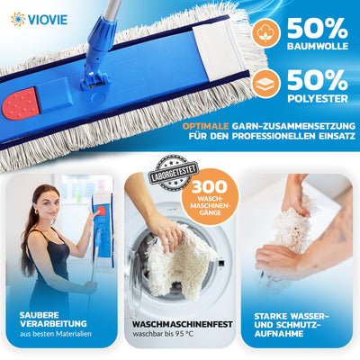 VIOVIE Premium WISCHER Set 50CM | Baumwoll-Wischmopp | 140 cm Alustiel | Magnethalter mit 1 klick System für einfaches Wechseln | Ergonomisch, rückenschonend & langlebig | Für alle Böden geeignet