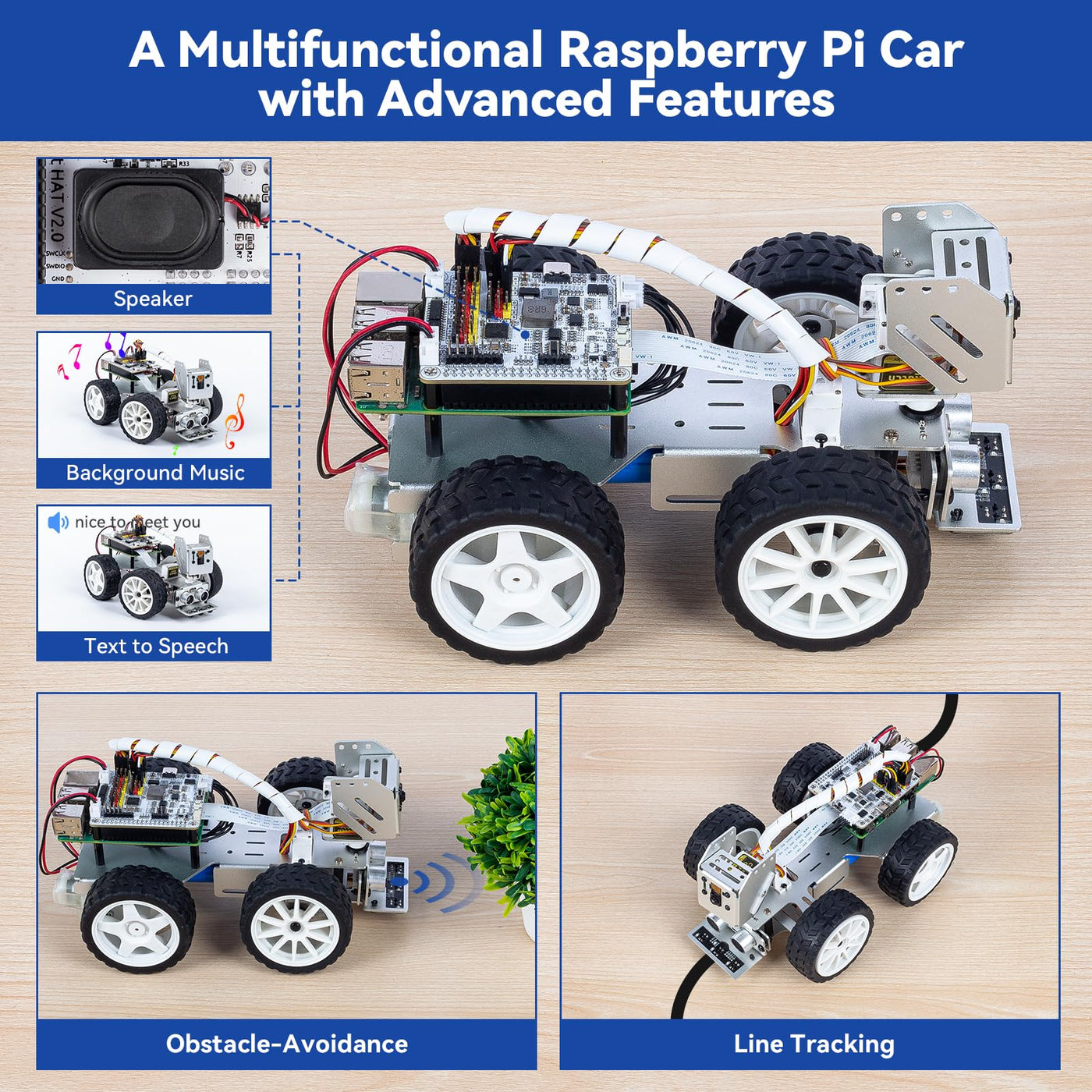 SunFounder Picar-X KI-Videoroboter-Car-Kit für Raspberry Pi 5/4/3B+/Zero 2w, LLMs ChatGPT-4o/Gemini/Grok, Sprach- und Videoerkennung,Python,Scratch,Kamera, Akku (RPI Nicht im Lieferumfang enthalten)