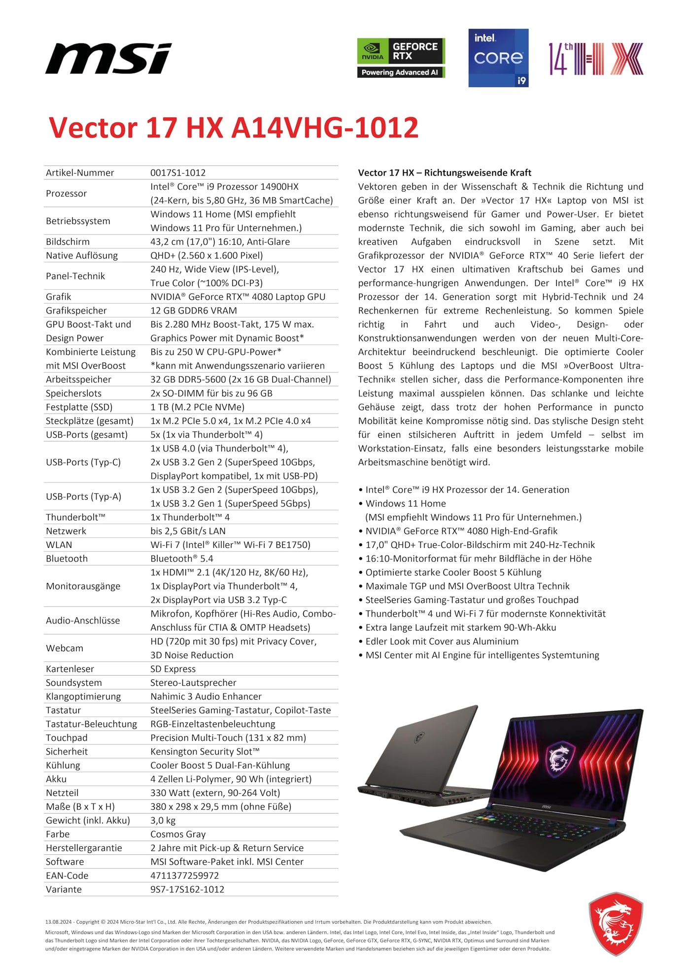 MSI Vector 17 HX, Gaming Laptop, 17,0" QHD+, Intel® Core™ i9 Prozessor 14900HX, 32 GB DDR5-5200 RAM, 1 TB, NVIDIA® GeForce RTX™ 4080, Windows 11 Home, QWERTZ Tastatur, A14VHG-1012