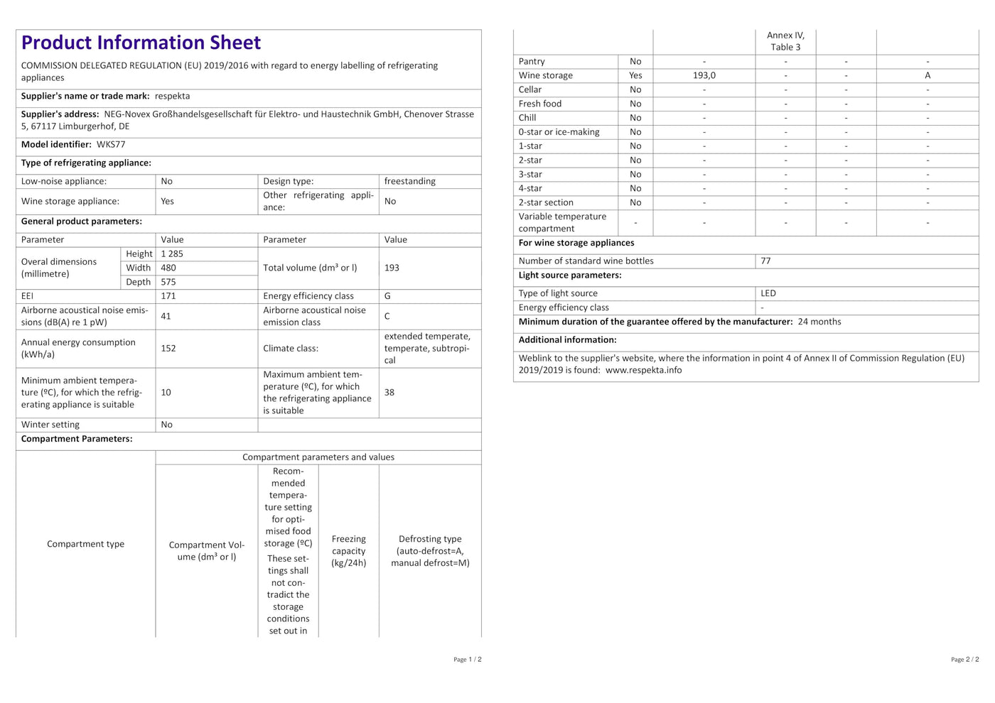 Respekta Weinkühlschrank freistehend für 77 Standardflaschen / 193 L Nutzinhalt/Regelbares Thermostat 5-22°C/Touch Control/LED Leuchte/Wechselbarer Türanschlag/Max. 43 dB/WKS 77