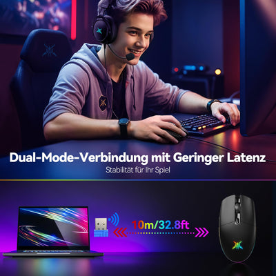 TECKNET Kabellose Gaming-Maus, 8000 DPI Wiederaufladbare Gaming Maus, Dual-Modus 2,4 G und Kabelgebundene Maus, 6 RGB-Modi, PC Gaming Mouse mit Programmierbaren Tasten, für Windows XP/11/10/8/7, etc