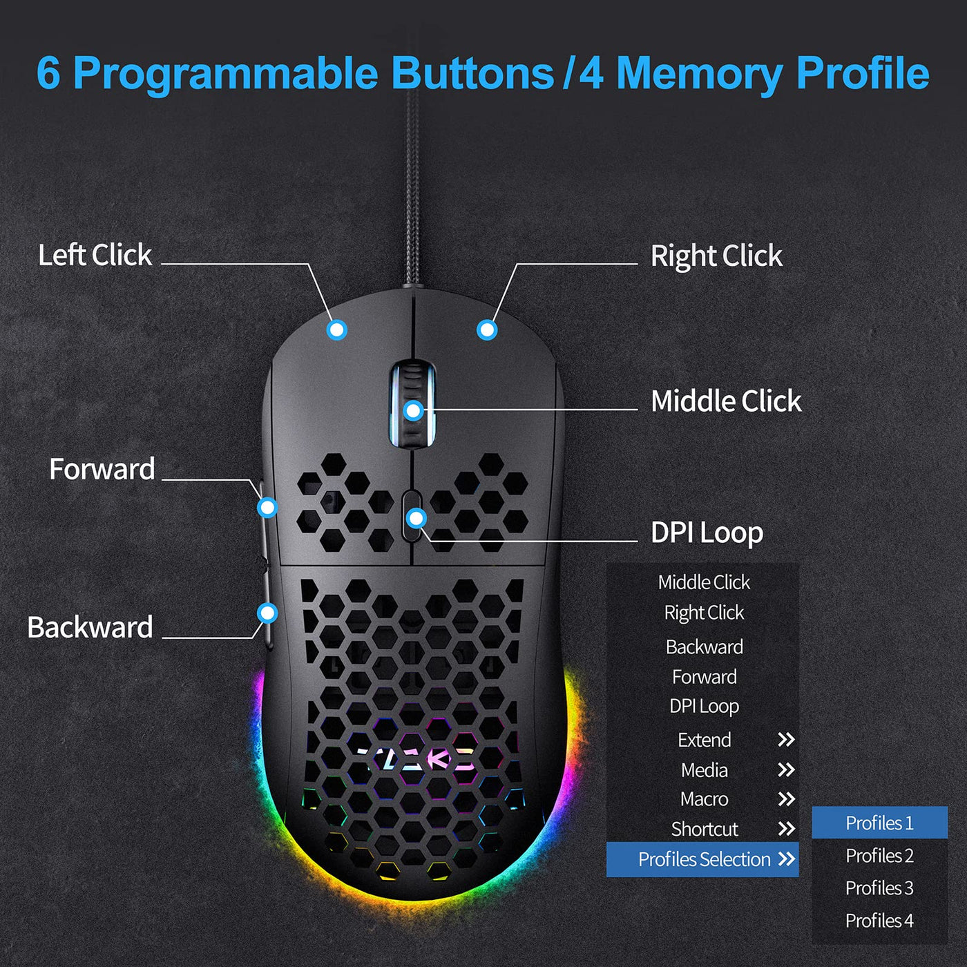TMKB M1se Gaming Maus mit 12800 DPI Optischer Sensor,6 Programmierbare Tasten Wabenmaus,Anpassbares RGB Computer Mouse,Schleppfreies Paracord,Ergonomische für Windows PC MAC-Schwarz