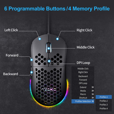 TMKB M1se Gaming Maus mit 12800 DPI Optischer Sensor,6 Programmierbare Tasten Wabenmaus,Anpassbares RGB Computer Mouse,Schleppfreies Paracord,Ergonomische für Windows PC MAC-Schwarz