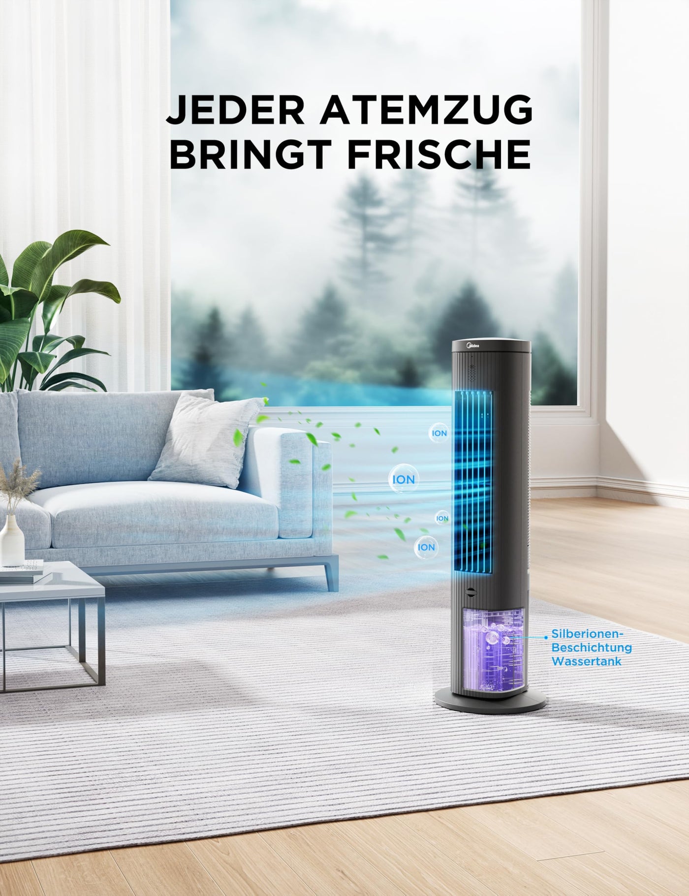 Midea Turmventilator mit 5L Wasserkühlung | Luftkühler mobil | Mobile Klimaanlage ohne Abluftschlauch | Verdunstungskühler, 3 Geschwindigkeitsstufen,75° Schwenkfunktion, 7h Timer, Leiser