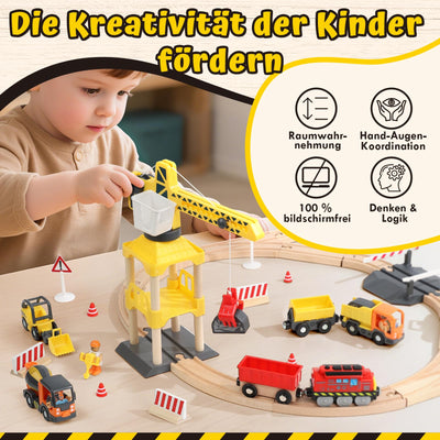 Lehoo Castle Holzeisenbahn, 68 Pcs Eisenbahn Holz mit Kran Spielzeug, Eisenbahn Kinder Elektrisch, Holz Eisenbahn Kinder mit Bagger