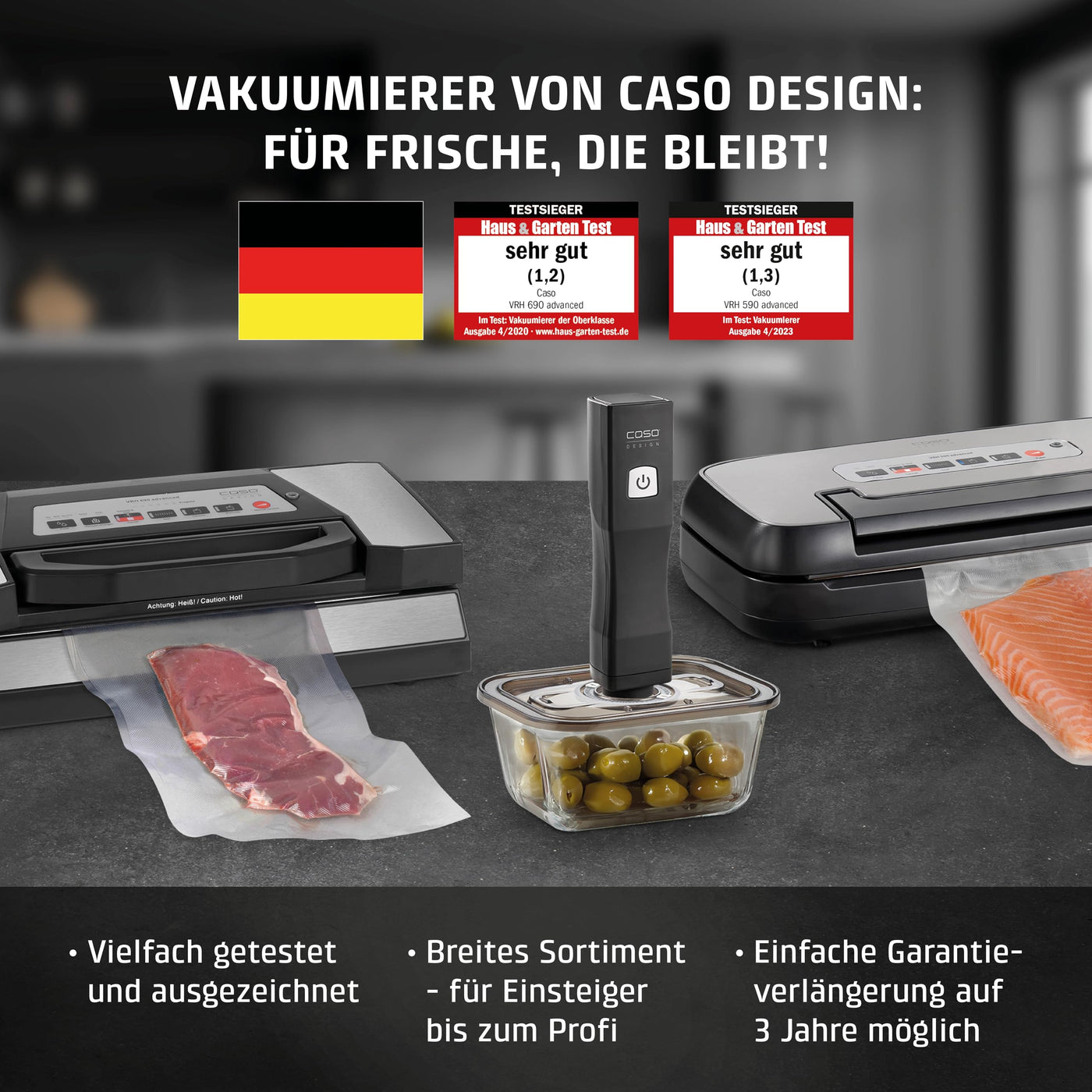 CASO VRH 690 advanced Vakuumierer Testsieger, Vakuumiergerät für Lebensmittel, 150 Vakuumiervorgänge nonstop, doppelte Schweißnaht, 20 Liter/Min, Cutter, inkl. 2 Profi- Folienrollen