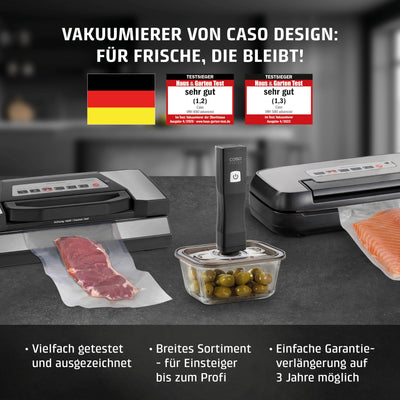 CASO VRH 690 advanced Vakuumierer Testsieger, Vakuumiergerät für Lebensmittel, 150 Vakuumiervorgänge nonstop, doppelte Schweißnaht, 20 Liter/Min, Cutter, inkl. 2 Profi- Folienrollen