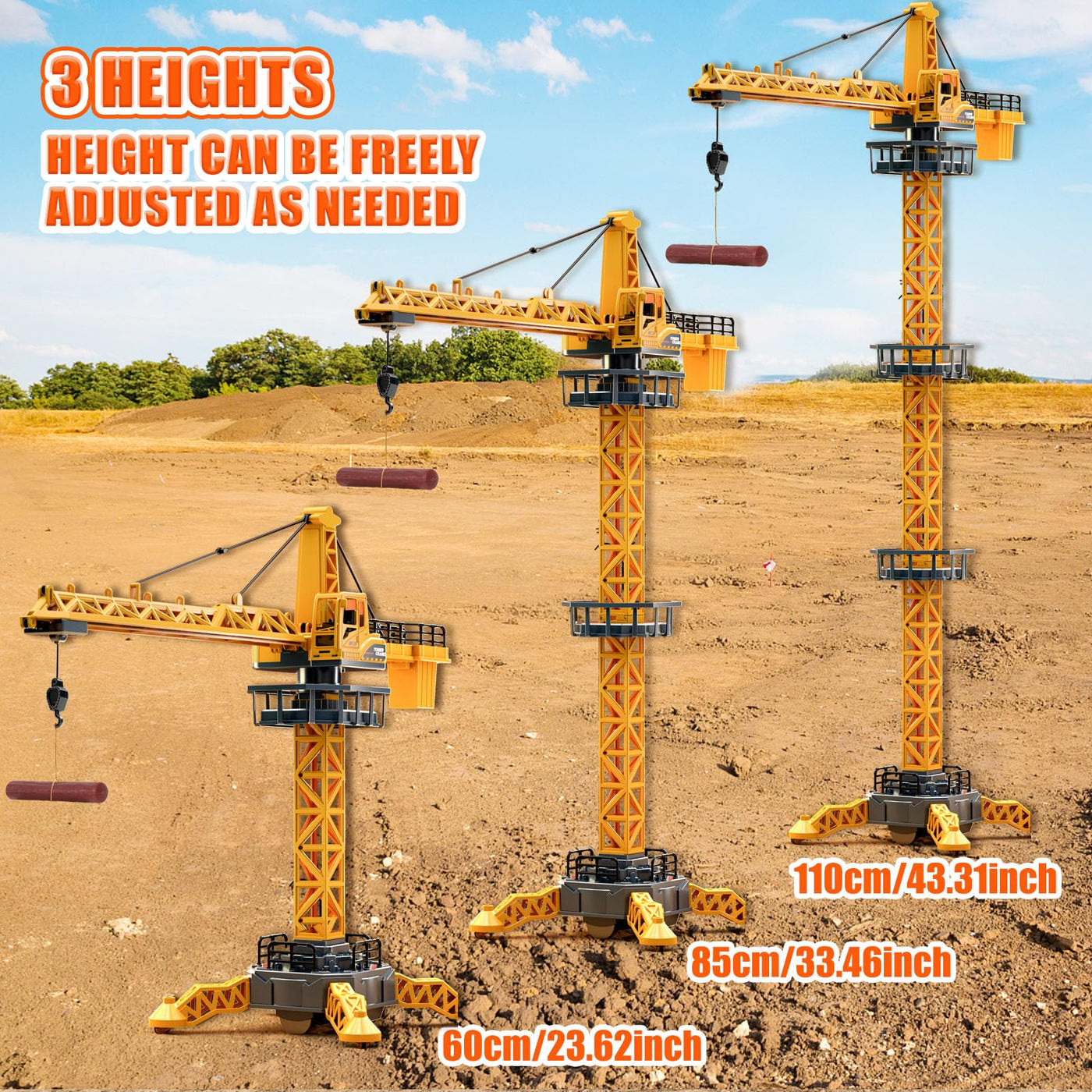 JONRRYIN Ferngesteuerte Turmkran, 12 Kanäle 2,4 Hz RC Turmdrehkran, 680 Grad Rotation Ferngesteuerte Tower Crane mit Lichter Geräusche und Verkehrsschilder Set für Kinder