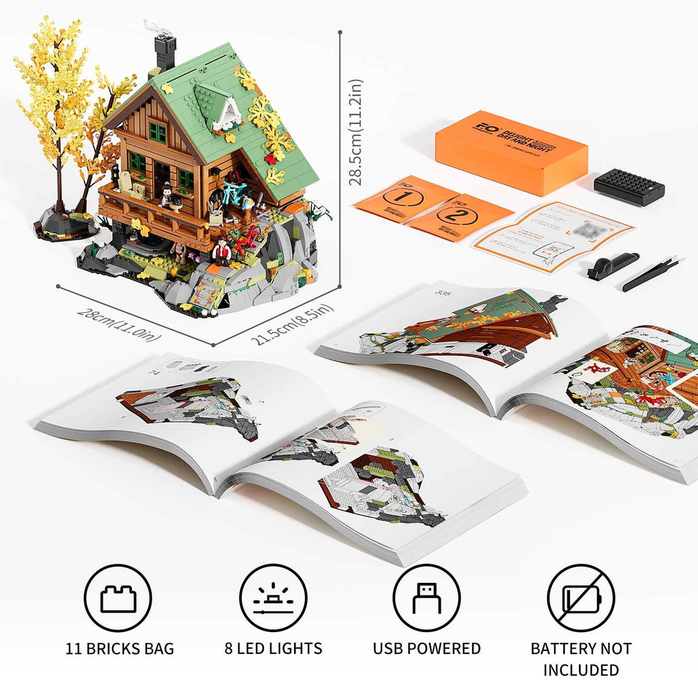 FUNWHOLE Mountain Cabin Bauklötze Set, 2255 PCS BergHütte Klemmbausteine mit LED Licht Wald Lodge Bausteine Modell Bauspielzeugset für Erwachsene und Jugendliche