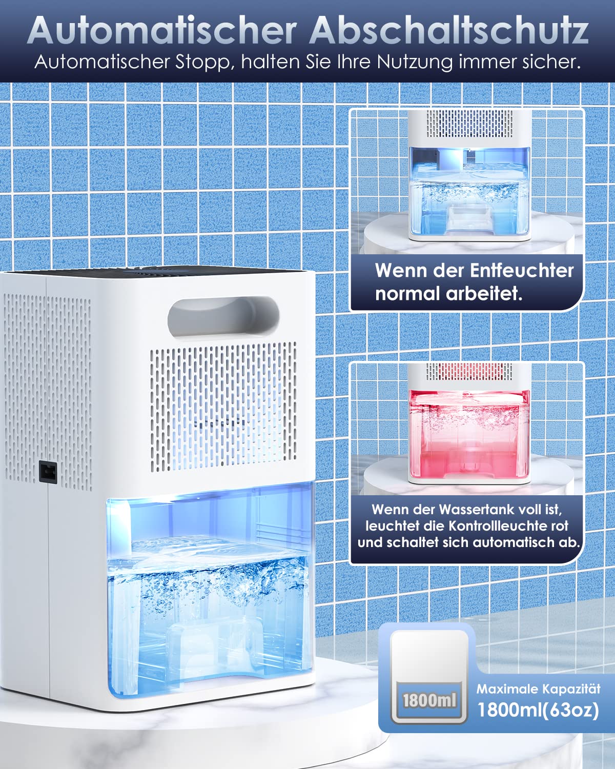 Luftentfeuchter Elektrisch 1800ML,Raumentfeuchter Extra leise, Tragbarer Dehumidifier mit Automatisches Abtauen &automatischer Abschaltun,7-Farbiges LED Licht.