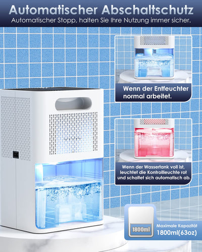 Luftentfeuchter Elektrisch 1800ML,Raumentfeuchter Extra leise, Tragbarer Dehumidifier mit Automatisches Abtauen &automatischer Abschaltun,7-Farbiges LED Licht.