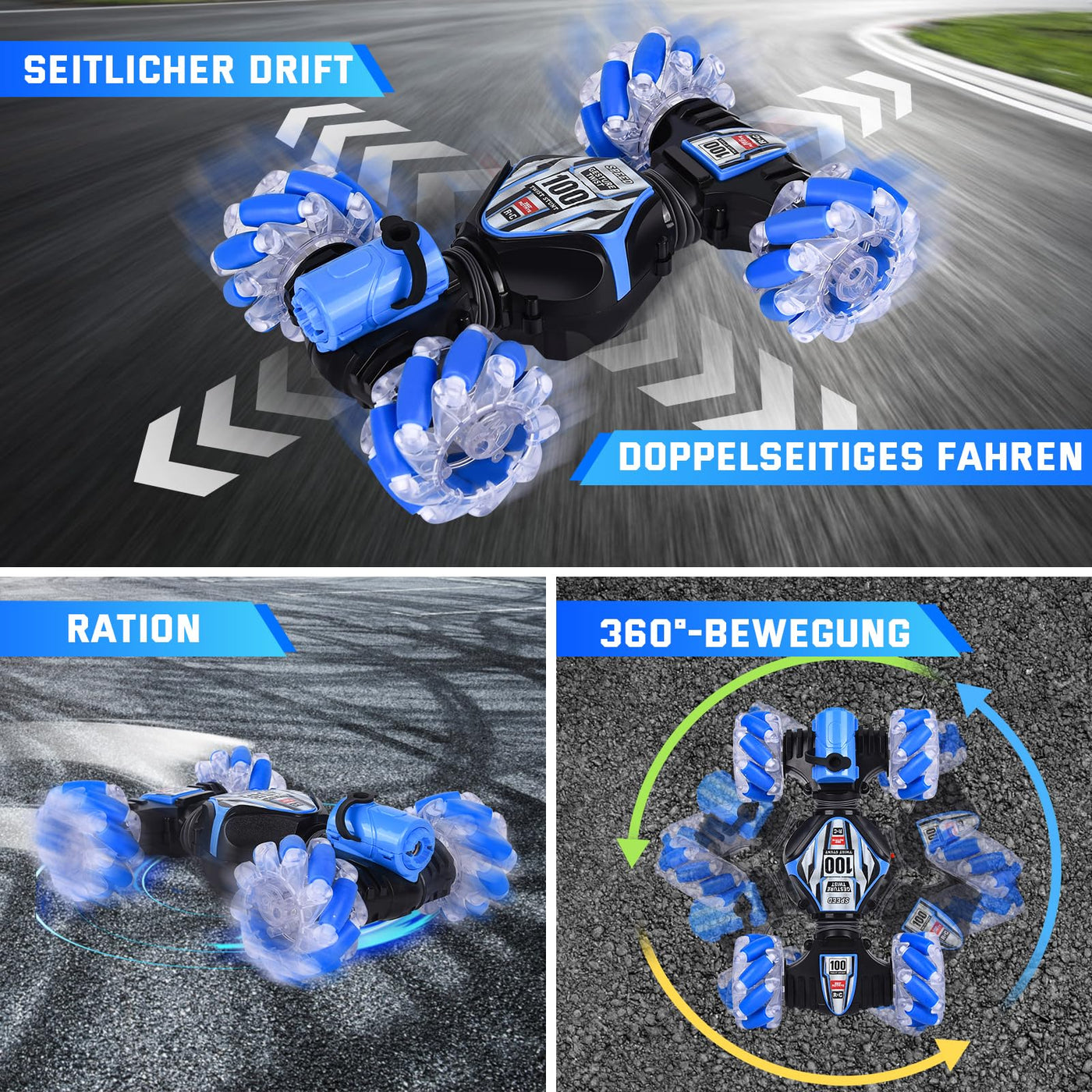 Herenear Ferngesteuertes Auto mit Handsteuerung, 4WD 2.4GHz RC Stunt Car mit Licht und Sprühen, 360° Drehung Crawler Fahrzeug, Doppelseitige Rotierende Off Road RC Twist Car für Kinder (Blau)