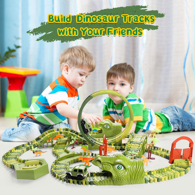 burgkidz Dinosaurier Rennstrecken Spielen Fahrzeuge Spielzeug Set, 387 Stück Flexible Dinos Bahngleise mit 360 Loop und Auto Turntable Spielset, 2 Rennwagen, Geschenk für Kinder ab 3 Jahren