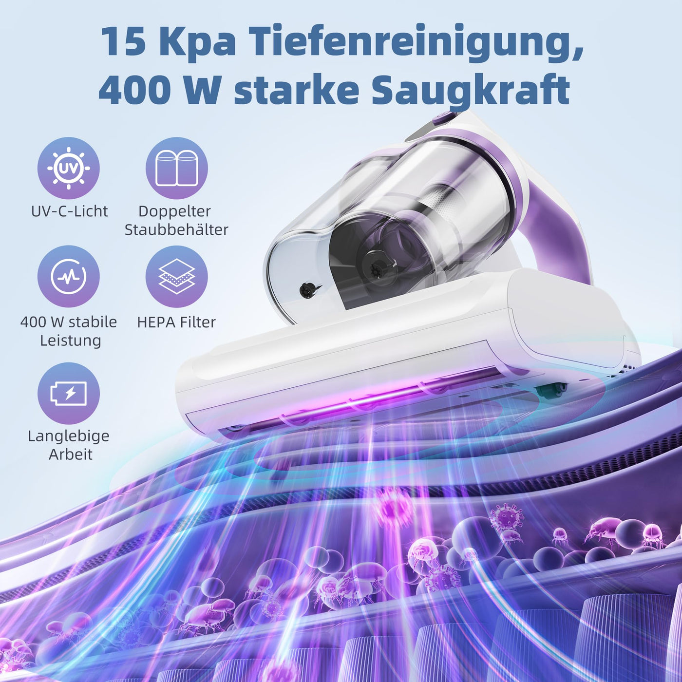 Boolean Cloud Milbensauger für Matratzen, Milbensauger mit UV Licht, 15Kpa Starke Absaugung Matratzenreiniger mit Heißer Wind, Hausstaubmilben Bekämpfen Sauger