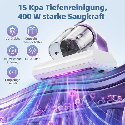 Boolean Cloud Milbensauger für Matratzen, Milbensauger mit UV Licht, 15Kpa Starke Absaugung Matratzenreiniger mit Heißer Wind, Hausstaubmilben Bekämpfen Sauger