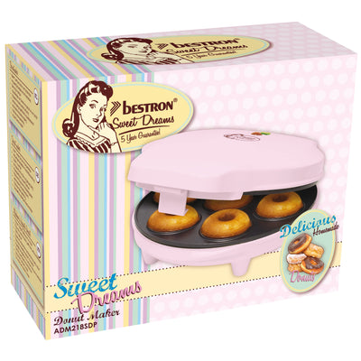 Bestron Donut Maker im Retro Design, Mini-Donut Maker für 7 kleine Donuts, inkl. Backampel & Antihaftbeschichtung, 700 Watt, Farbe: Rosa