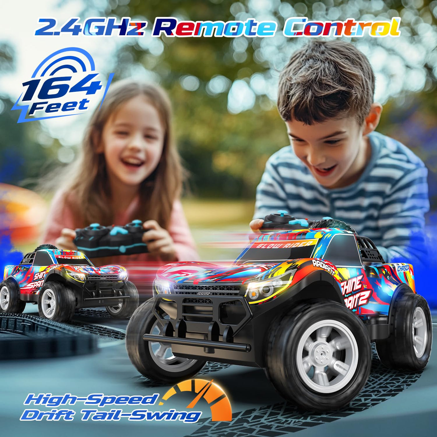 DEERC RC-Auto für Kinder 4-8 Jahre, All-Terrain Sprühfunktion RC Truck, Musik & LED-Lichtern, 2.4 GHz Fernsteuerungsauto, 2 Akkus,40 Min. Geschenk-Spielzeug für Kinder Indoor & Outdoor