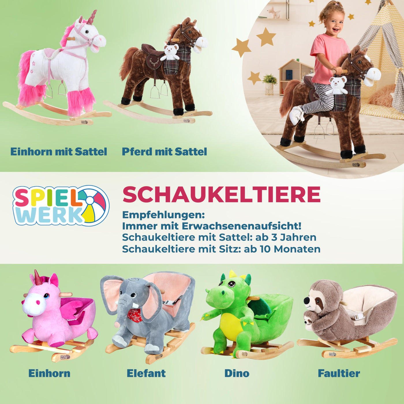 Spielwerk® Schaukeltier Faultier mit Babyfaultier inkl. Sound Effekt Sicherheitsgurt Plüsch Schaukel Wippe Kinder Baby Spielzeug Balancetraining besonders weich Schaukelpferd