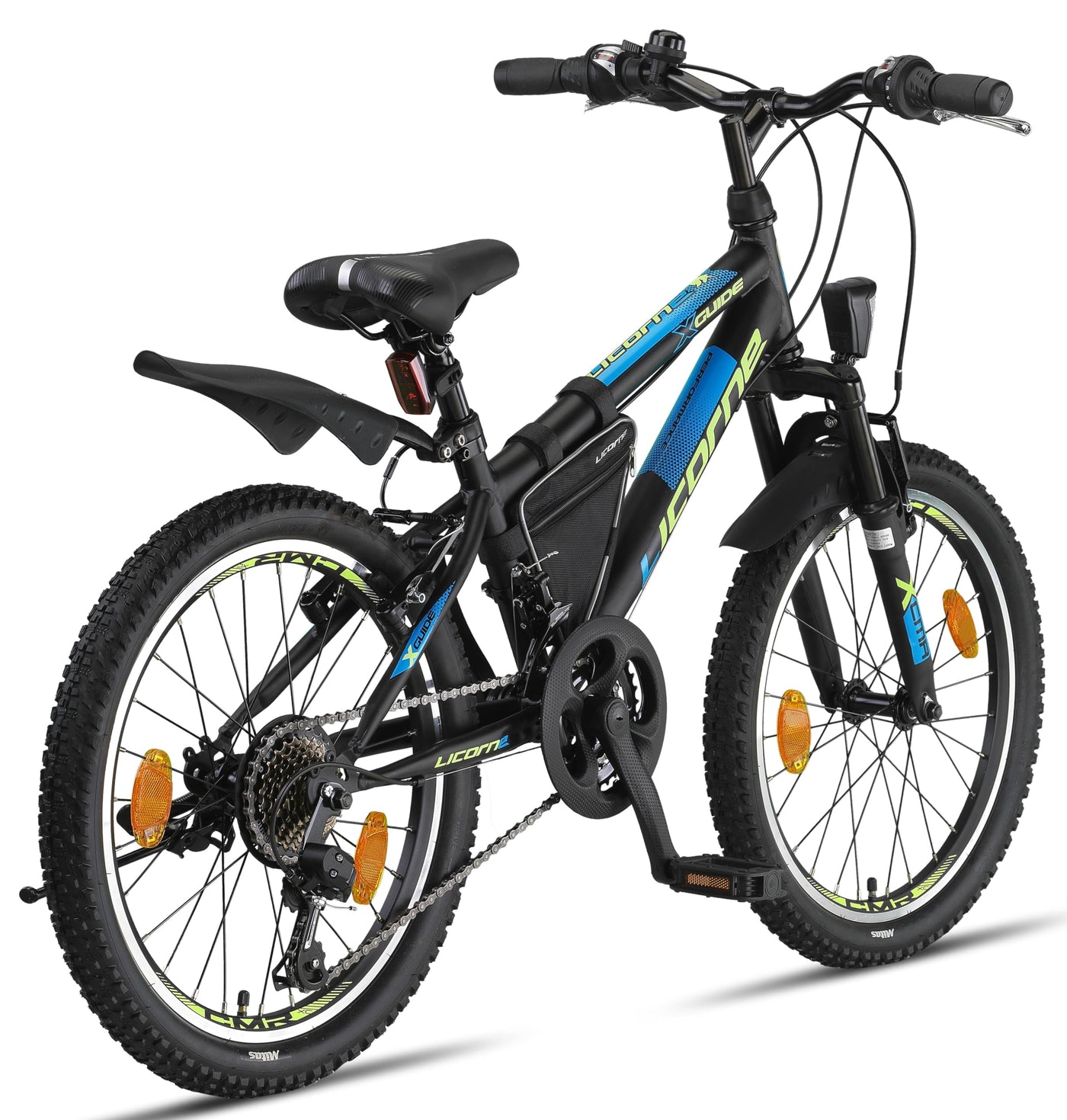 Licorne Bike Guide Premium Mountainbike in 20, 24, 26, 27.5 und 29 Zoll Fahrrad für Mädchen Jungen Herren und Damen (20 Zoll, Schwarz/Blau/Lime)