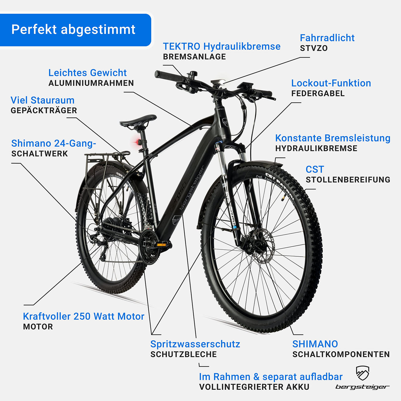 Bergsteiger Cannock 27,5 Zoll E-Bike mit 250 Watt Motor, Hydraulikbremsen, Aluminium Ebike Mountainbike Herren & Damen, Farbdisplay, Elektrofahrrad mit 24 Gang-Schaltung