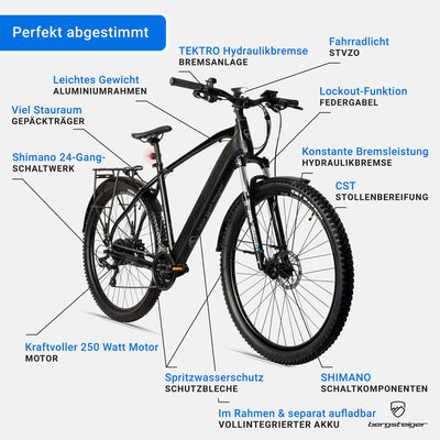 Bergsteiger Cannock 27,5 Zoll E-Bike mit 250 Watt Motor, Hydraulikbremsen, Aluminium Ebike Mountainbike Herren & Damen, Farbdisplay, Elektrofahrrad mit 24 Gang-Schaltung