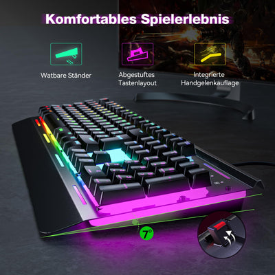 TECKNET RGB Gaming Tastatur für PC, Membran Tastatur mit 105 Tasten, Vollmetall-Pane, Handgelenkauflage,15-Zonen RGB Beleuchtung, 25 Anti-Ghosting-Tasten, Computer Keyboard, Deutsches Layout(QWERTZ)