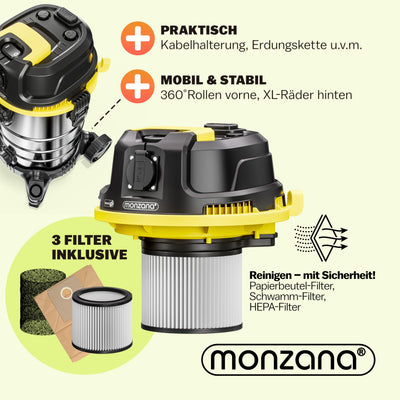 Monzana® Nass Trockensauger 5in1 Industriestaubsauger 2400W 30L Edelstahl Steckdose Nasssauger mit Blasfunktion Laub Push&Clean Waschsauger Beutellos