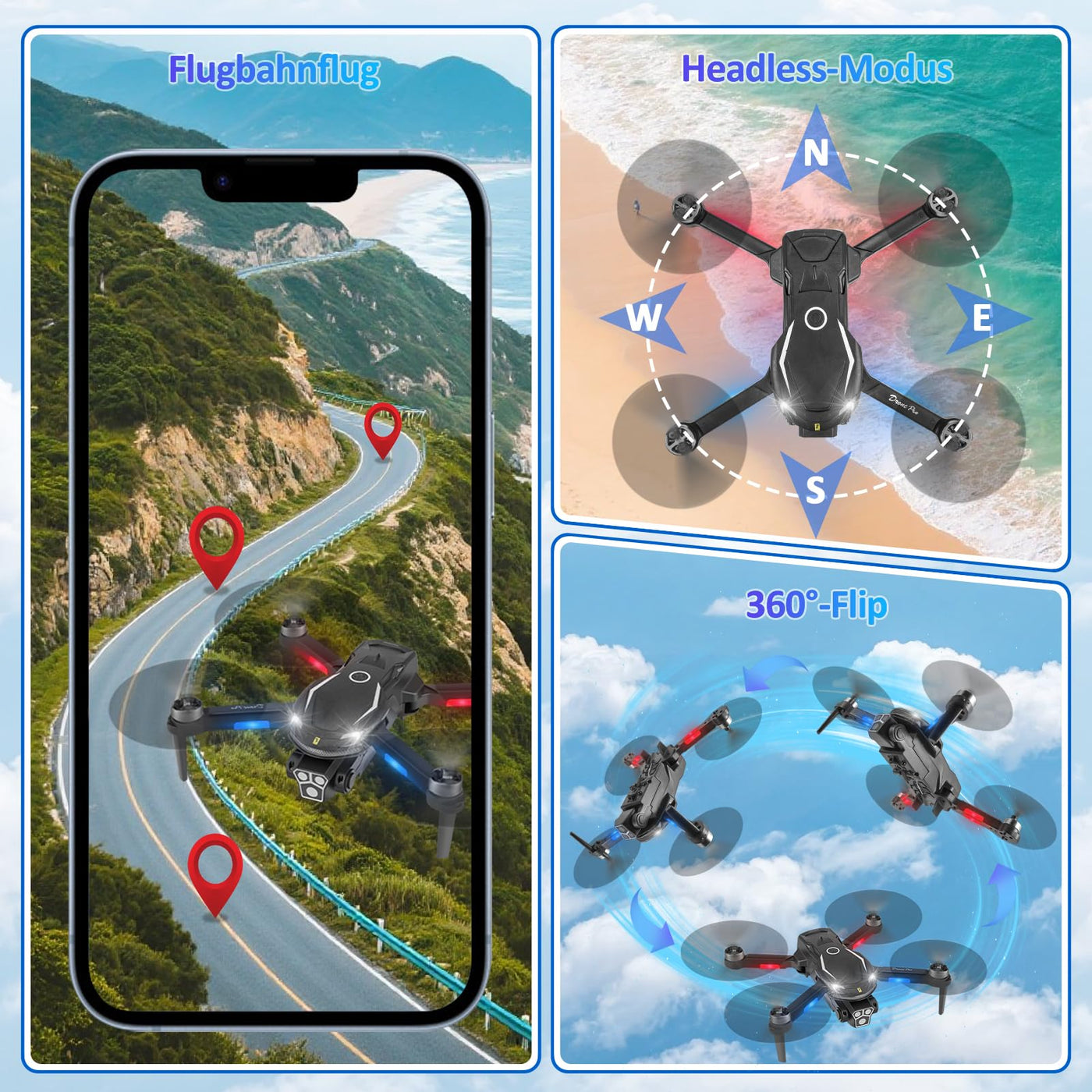 Drohne mit Kamera HD 4K,RC Faltbare FPV WiFi Live Ãœbertragung Drohne für Kinder Anfänger,2 Akku Lange Flugzeit,Headless Modus,Flugbahnflug,Hindernisvermeidung,One Key Start/Landen,Headless Modus